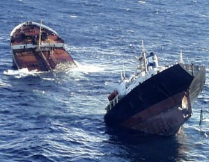 ENVIRONMENTAL DISASTER: The Prestige oil tanker splits in half in 2002